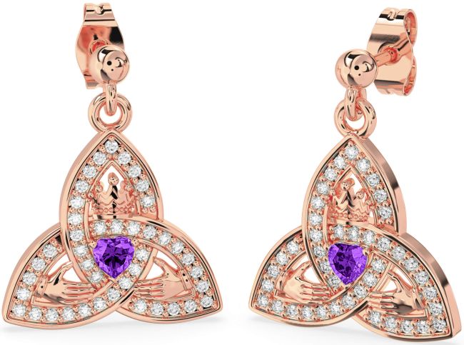 Diamond Amethyst Rose Gold Claddagh Trinity Knot Dangle Earrings