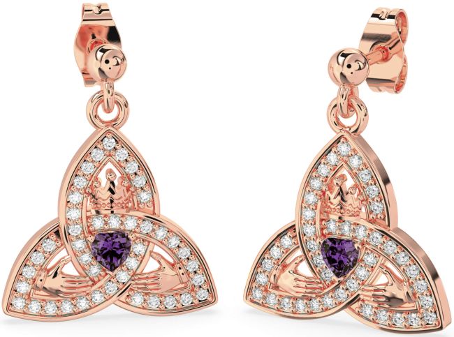 Diamond Alexandrite Rose Gold Claddagh Trinity Knot Dangle Earrings