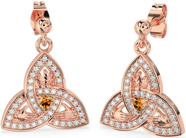 Diamond Citrine Rose Gold Claddagh Trinity Knot Dangle Earrings