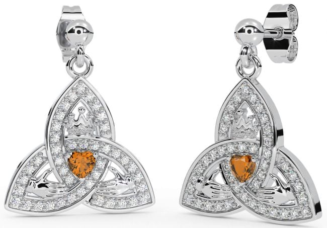 Diamond Citrine Silver Claddagh Trinity Knot Dangle Earrings