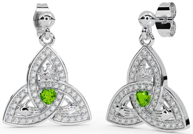 Diamond Peridot Silver Claddagh Trinity Knot Dangle Earrings