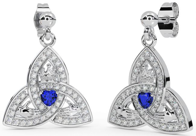 Diamond Sapphire Silver Claddagh Trinity Knot Dangle Earrings