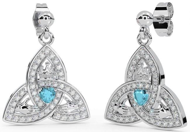 Diamond Aquamarine White Gold Claddagh Trinity Knot Dangle Earrings