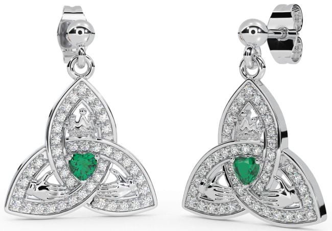 Diamond Emerald White Gold Claddagh Trinity Knot Dangle Earrings