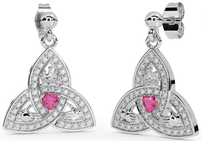 Diamond Pink Tourmaline White Gold Claddagh Trinity Knot Dangle Earrings