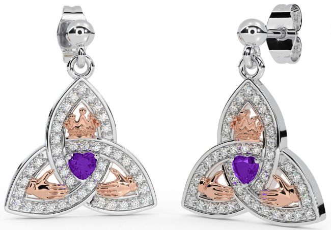 Diamond Amethyst White Rose Gold Claddagh Trinity Knot Dangle Earrings