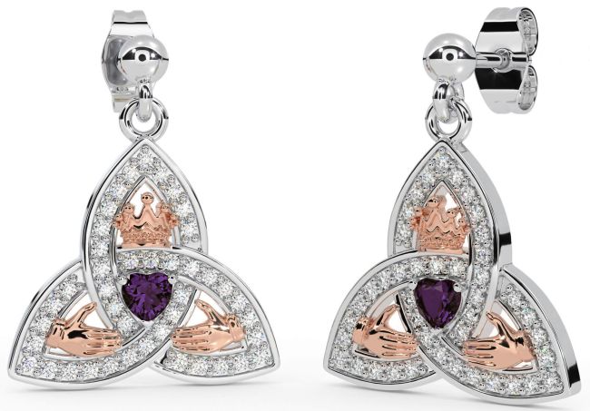 Diamond Alexandrite White Rose Gold Claddagh Trinity Knot Dangle Earrings