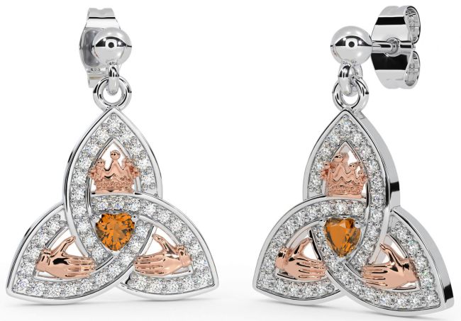 Diamond Citrine White Rose Gold Claddagh Trinity Knot Dangle Earrings