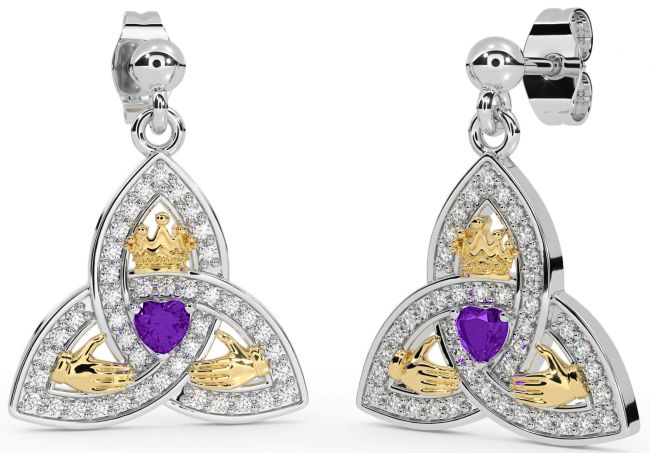 Diamond Amethyst White Yellow Gold Claddagh Trinity Knot Dangle Earrings