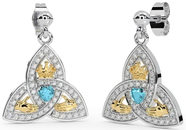 Diamond Aquamarine White Yellow Gold Claddagh Trinity Knot Dangle Earrings