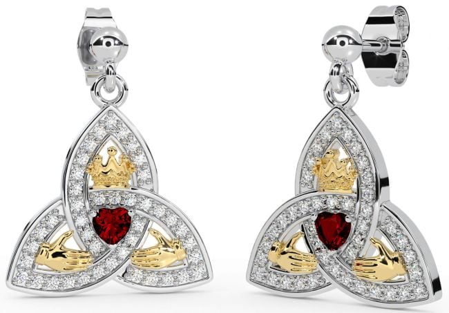 Diamond Garnet White Yellow Gold Claddagh Trinity Knot Dangle Earrings