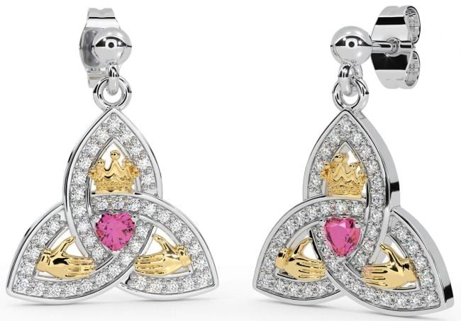 Diamond Pink Tourmaline White Yellow Gold Claddagh Trinity Knot Dangle Earrings