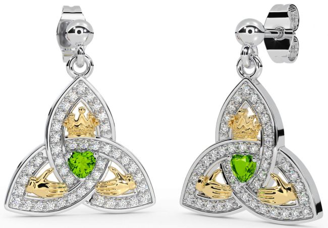 Diamond Peridot White Yellow Gold Claddagh Trinity Knot Dangle Earrings