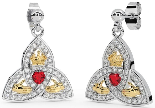 Diamond Ruby White Yellow Gold Claddagh Trinity Knot Dangle Earrings