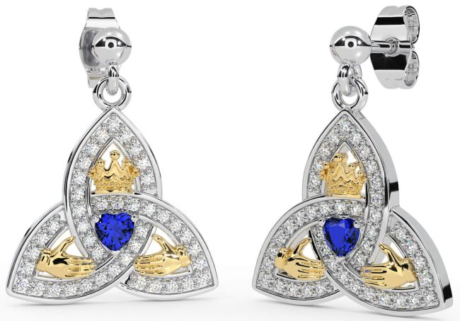 Diamond Sapphire White Yellow Gold Claddagh Trinity Knot Dangle Earrings