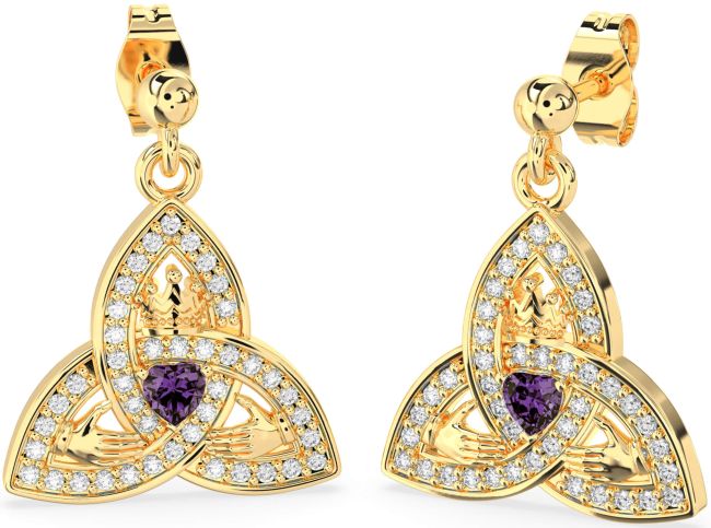 Diamond Alexandrite Gold Claddagh Trinity Knot Dangle Earrings