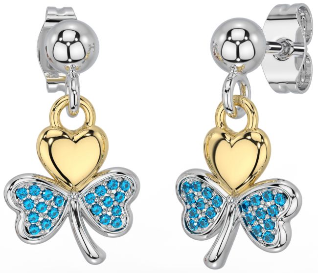 Topaz Gold Silver Shamrock Dangle Earrings