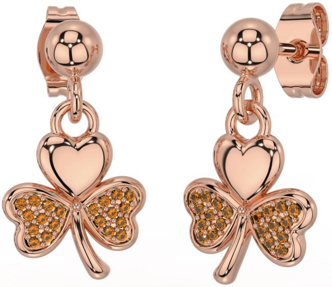 Citrine Rose Gold Silver Shamrock Dangle Earrings