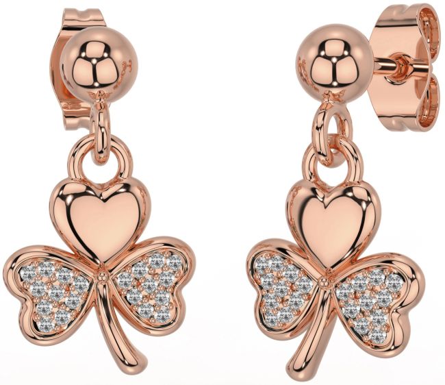 Diamond Rose Gold Silver Shamrock Dangle Earrings