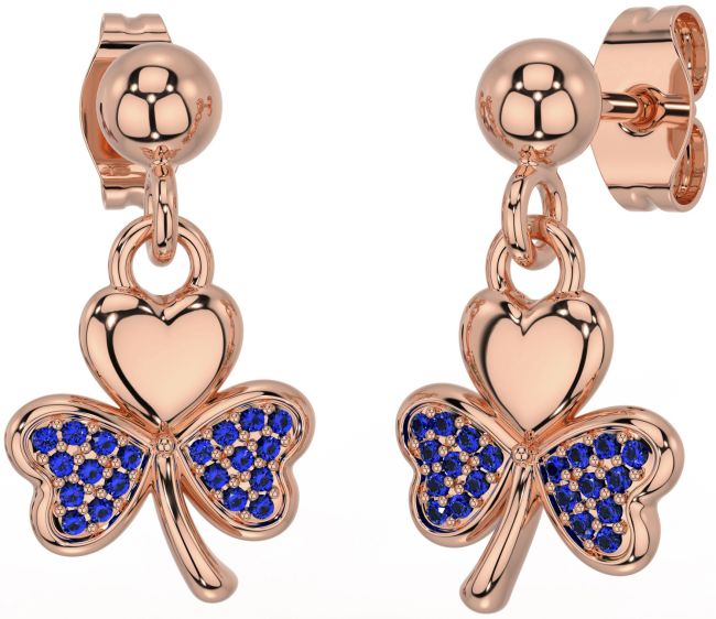 Sapphire Rose Gold Silver Shamrock Dangle Earrings