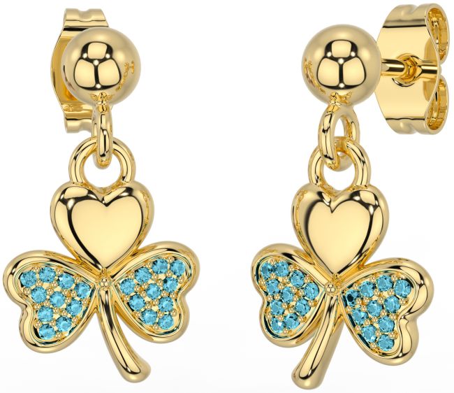 Aquamarine Gold Silver Shamrock Dangle Earrings
