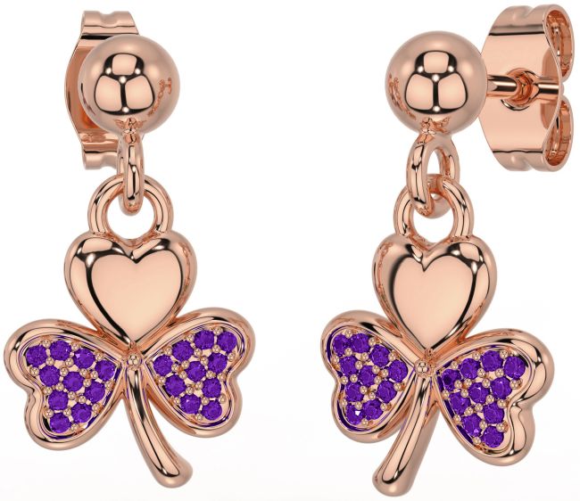 Amethyst Rose Gold Shamrock Dangle Earrings