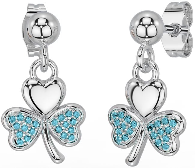 Aquamarine Silver Shamrock Dangle Earrings