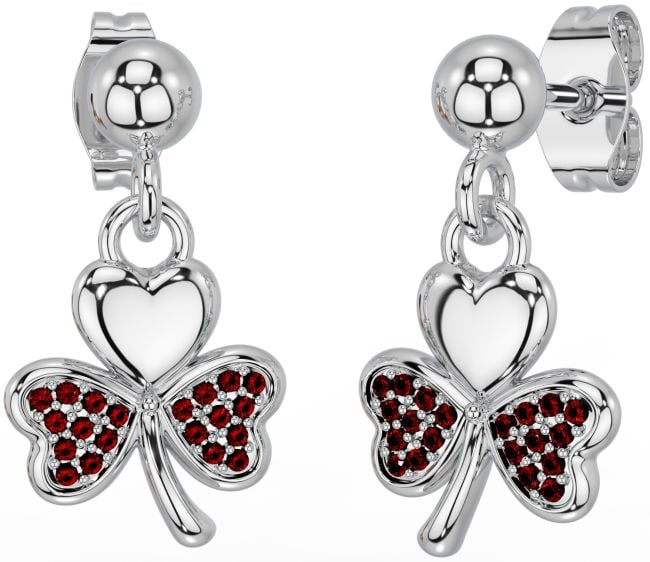 Garnet Silver Shamrock Dangle Earrings