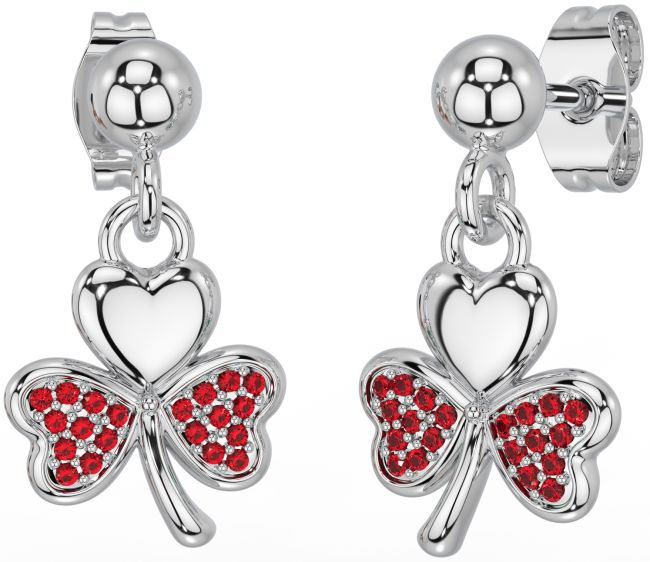 Ruby Silver Shamrock Dangle Earrings