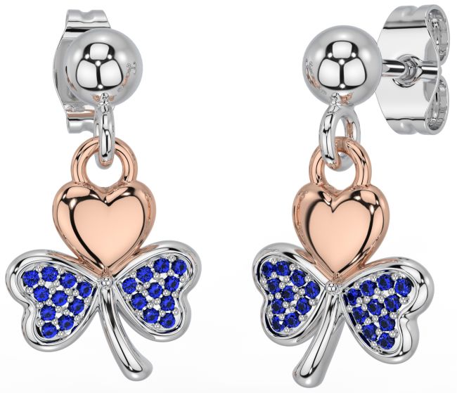 Sapphire Rose Gold Silver Shamrock Dangle Earrings