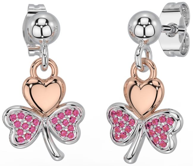 Pink Tourmaline White Rose Gold Shamrock Dangle Earrings