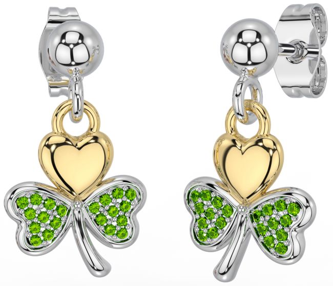 Peridot White Yellow Gold Shamrock Dangle Earrings