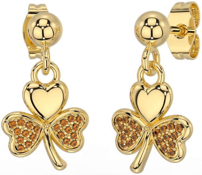 Citrine Gold Shamrock Dangle Earrings