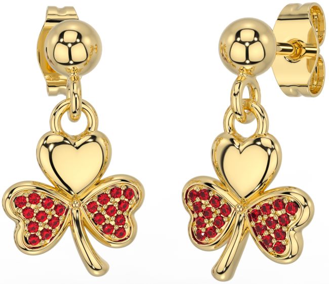 Ruby Gold Shamrock Dangle Earrings