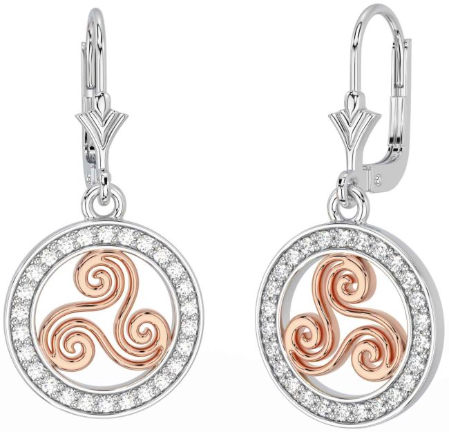 Diamond Rose Gold Silver Celtic Dangle Earrings