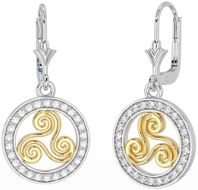 Diamond White Yellow Gold Celtic Dangle Earrings