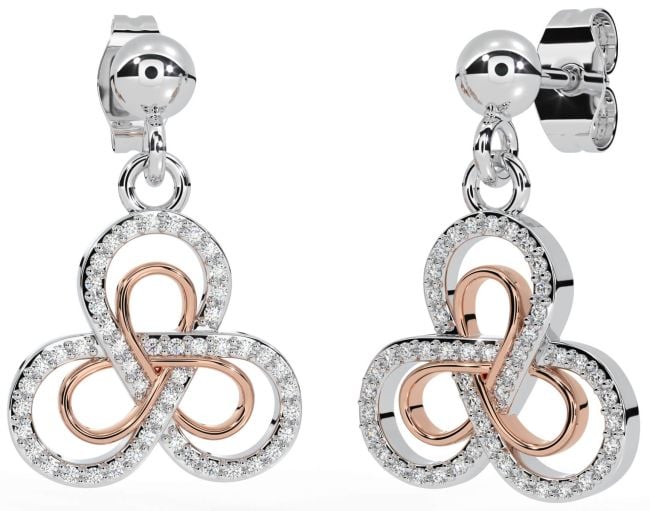 Diamond Rose Gold Silver Celtic Trinity Knot Dangle Earrings