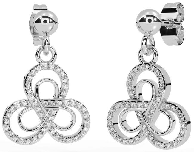 Diamond Silver Celtic Trinity Knot Dangle Earrings