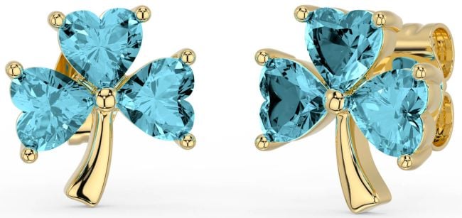 Aquamarine Gold Silver Shamrock Stud Earrings
