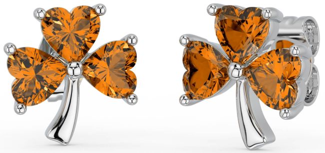 Citrine White Gold Shamrock Stud Earrings