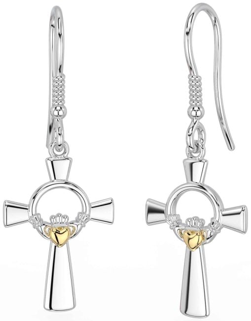 Gold Silver Celtic Cross Claddagh Dangle Earrings