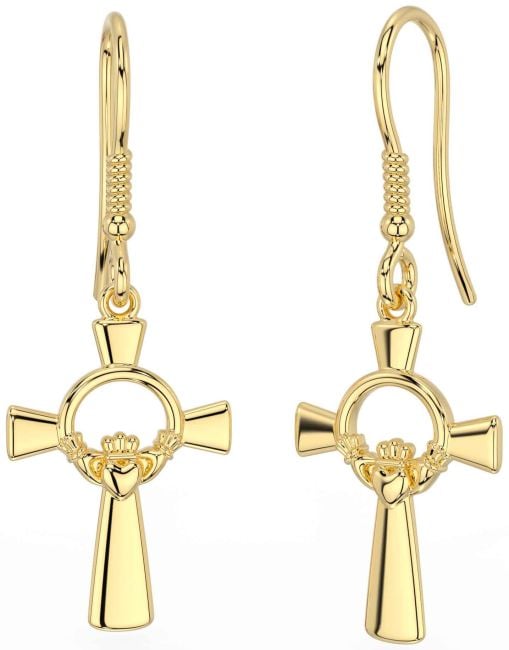 Gold Silver Celtic Cross Claddagh Dangle Earrings