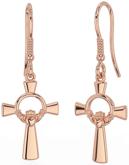 Rose Gold Celtic Cross Claddagh Dangle Earrings