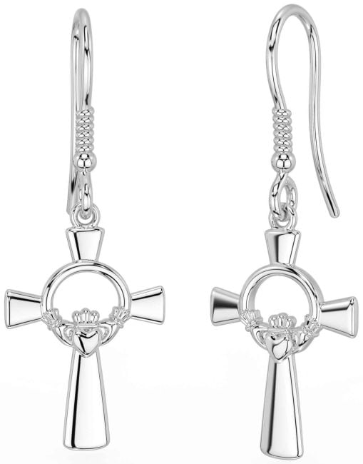 White Gold Celtic Cross Claddagh Dangle Earrings