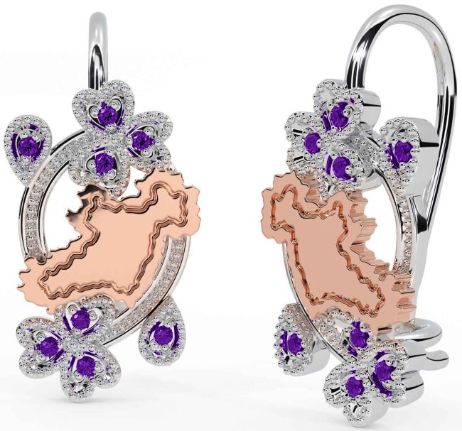 Diamond Rose Gold Silver Celtic Shamrock Dangle Earrings