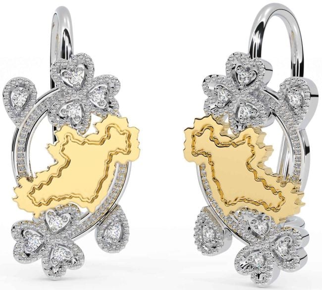 Diamond White Yellow Gold Celtic Shamrock Dangle Earrings