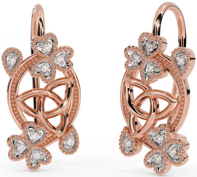 Diamond Rose Gold Silver Celtic Trinity Knot Shamrock Dangle Earrings