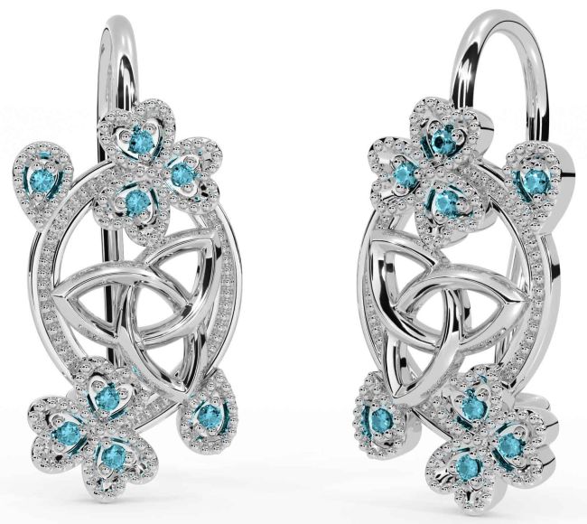 Diamond White Gold Celtic Trinity Knot Shamrock Dangle Earrings