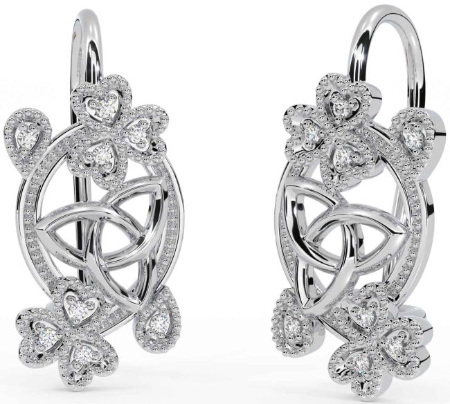 Diamond White Gold Celtic Trinity Knot Shamrock Dangle Earrings