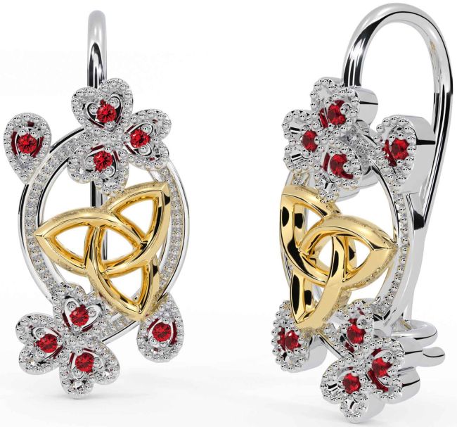 Diamond White Yellow Gold Celtic Trinity Knot Shamrock Dangle Earrings